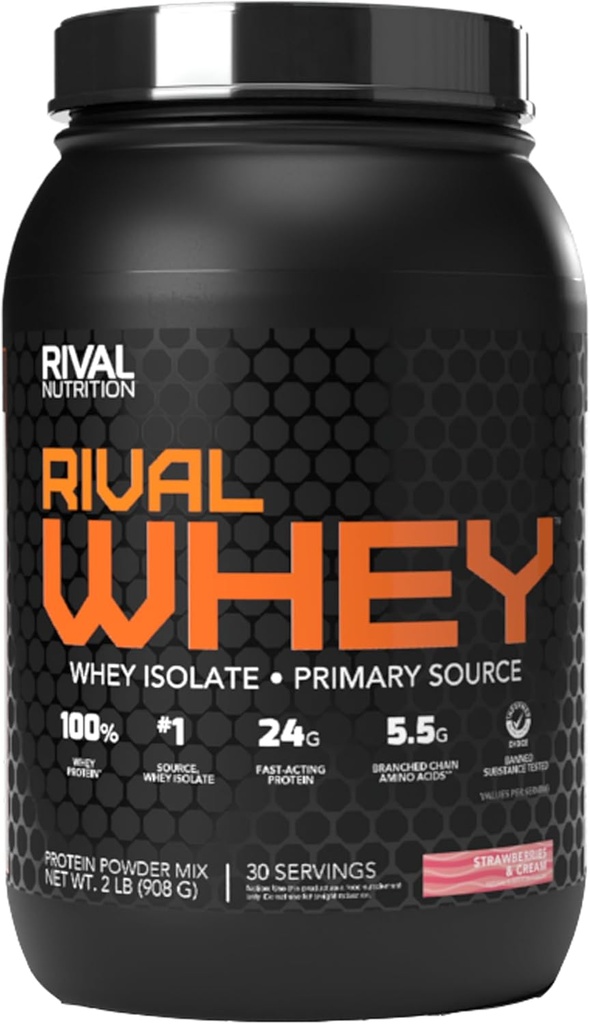 Rivalus Rivalwhey – Strawberry Creme 2lb - 100% Whey Protein, Whey Protein Isolate Fuente Primaria, Clean Nutritional Profile, BCAAs, No Banned Substances, Made in USA
