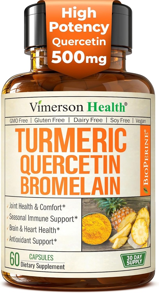 Quercetina con Bromelain Turmeric Curcumin Suplemento – Alivio de Alergia, Soporte Conjunto &amp; Inmuno – Suplemento Turmérico Orgánico con Pepper Negro (Bioperina) – 60 Quercetina 500mg cápsulas