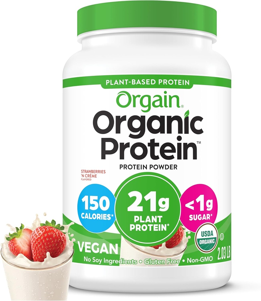 Orgain Organic Vegan Protein Powder, Strawberries & Cream - 21g of Plant Based Protein, Low Net Carbs, Gluten/ Lactose Free, No Sugar Added, Soy Free, Non-GMO, 2.03 Lb