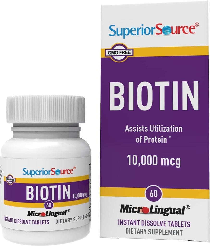 Fuente superior Biotina 10.000 mcg - Suplemento diario apoya la salud del cabello y el crecimiento - Biotina natural Suplemento Ayudas Saludable uñas " Esquí - 60 tabletas sublinguales de disolución