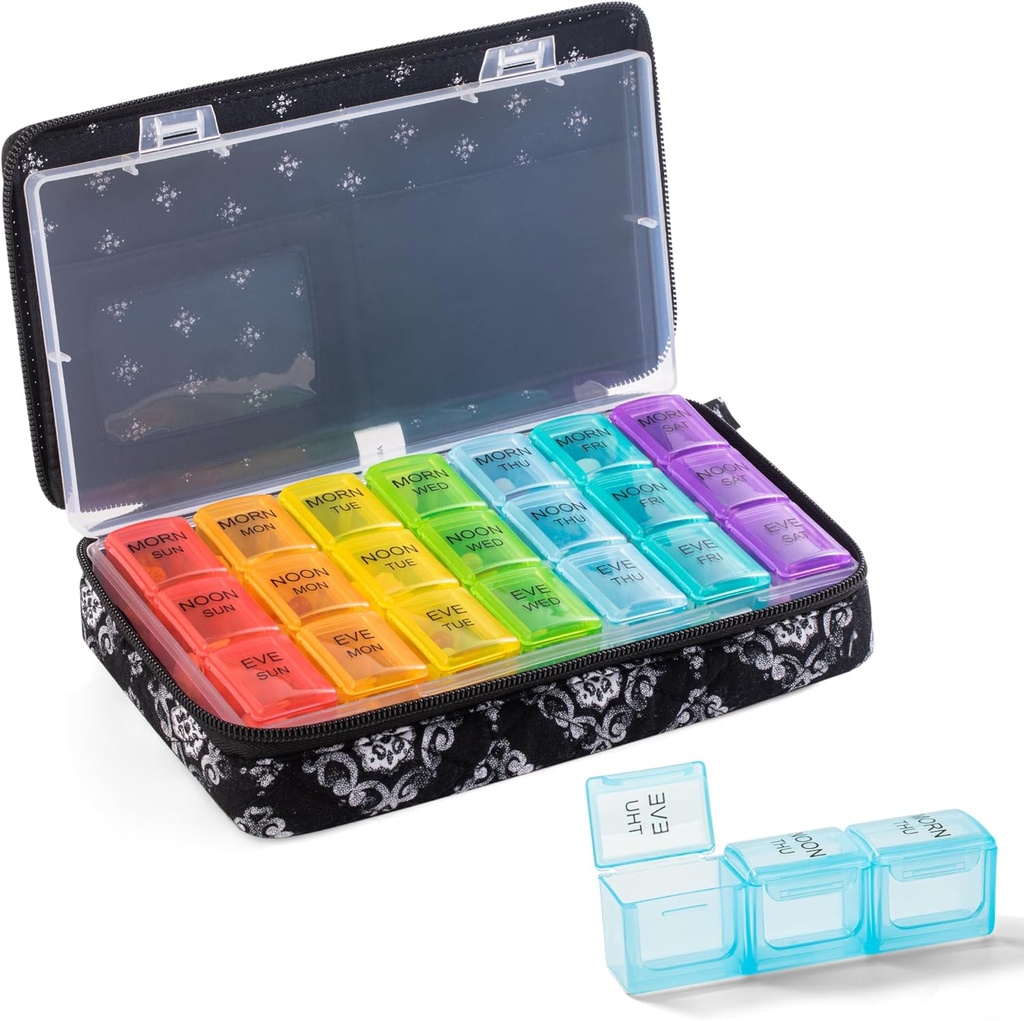 Organizador semanal de píldoras 3 veces al día - Pill Box 7 día 3 veces al día con lindo bolso de cremallera de tela cortada- caja de carga 7 días 3 veces al día para organizador de medicina de vitaminas