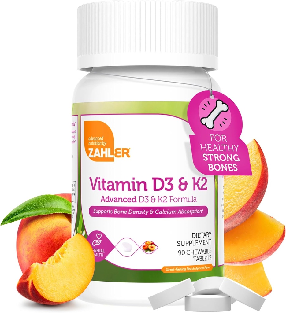 Zahler - Vitamina D3 &amp; K2 Chewable Suplemento (90 Conde) - Certified Kosher K2 D3 Vitamina 5000 UI Delicious Chew Tablet - Vitamina D &amp; K2 para Absorción de calcio, Densidad de bonificación &amp; Immune Support