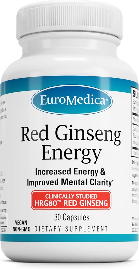 EuroMedica Red Ginseng Energy - Suplemento para apoyar la energía saludable & Focus - Suplemento herbal con coreano Red Ginseng Root Powder - Tablas Vegan para ayudar a la resistencia saludable - 30 cápsulas