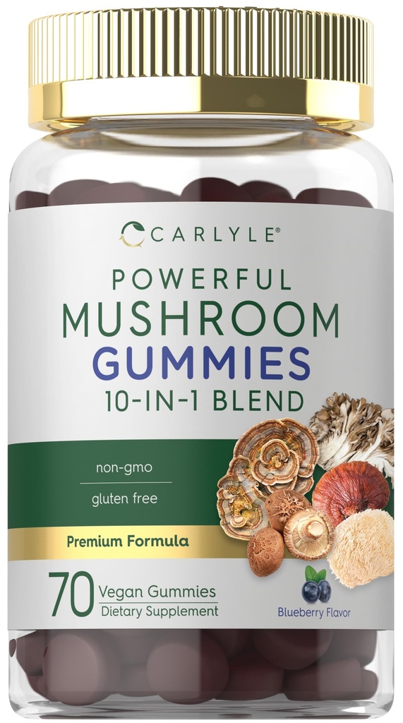 Carlyle Mushroom Suplemento Gummies TEN 70 Vegan Gummies TENIDO 10-in-1 Blend TENIDO Non-GMO, y Gluten Free