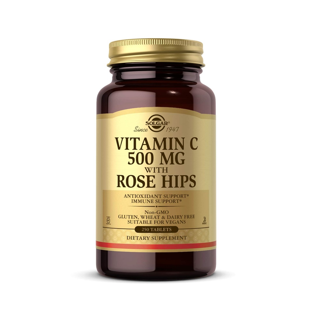 Solgar Vitamina C 500 mg con Rose Hips, 250 Tablets - Antioxidante &amp; Immune Support - Salud general - Soportes Esquí saludable &amp; Juntas - No GMO, Vegan, Gluten Gratis, Dairy Free, Kosher - 250 Servings