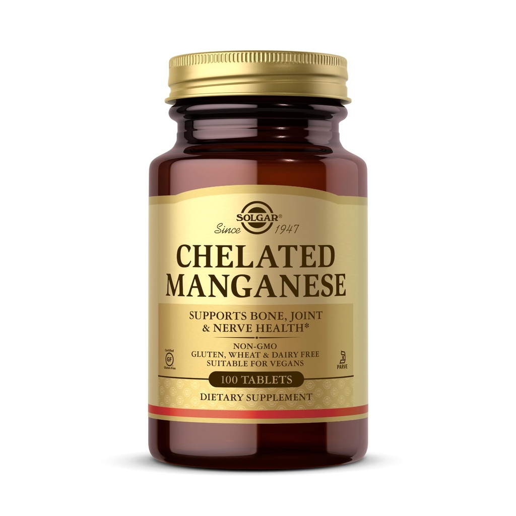 Solgar Manganese Chelated - 100 Tablets - Supports Bone, Joint &amp; Nerve Health - Non-GMO, Vegan, Gluten Free, Dairy Free, Kosher - 100 Servings