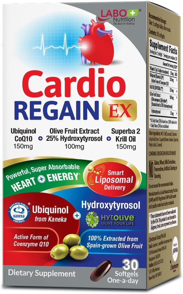 LABO Nutrition CardioREGAIN EX – Ubiquinol CoQ10 Suplemento con Kaneka QH 150mg, Olive Fruit Extract (25% Hydroxytyrosol), Krill Oil – Heart, Cellular Energy, Liposomal Absorption, Non-GMO, Soy-Free