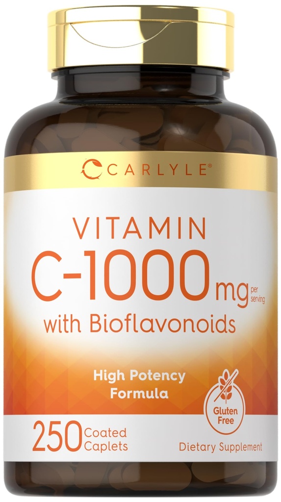 Carlyle Vitamin C 1000mg con Bioflavonoids Ø 250 Caplets Silencio con Rose HIPS Silencio Vegetarian, Non-GMO, Gluten Free Supplement