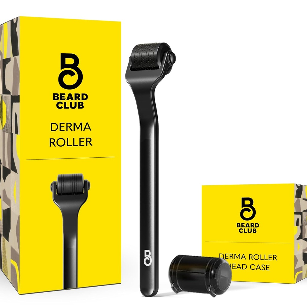 The Beard Club Premium Derma Roller for Face, Body and Scalp - Microneedling Roller for Hombres and Women with 540 Titanium Microneedles - for Hair & Beard - Weighted Metal Handle - Magnetic Storage Case