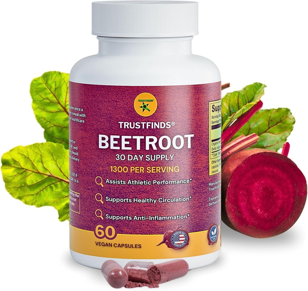 Orgánica Beetroot Powder 1300mg por Serving - 60 Capsules  durable 100% Natural Beet Root, No Gluten, No Sugar, Vegan Capsules with No Rice Powder, No Gelatin.