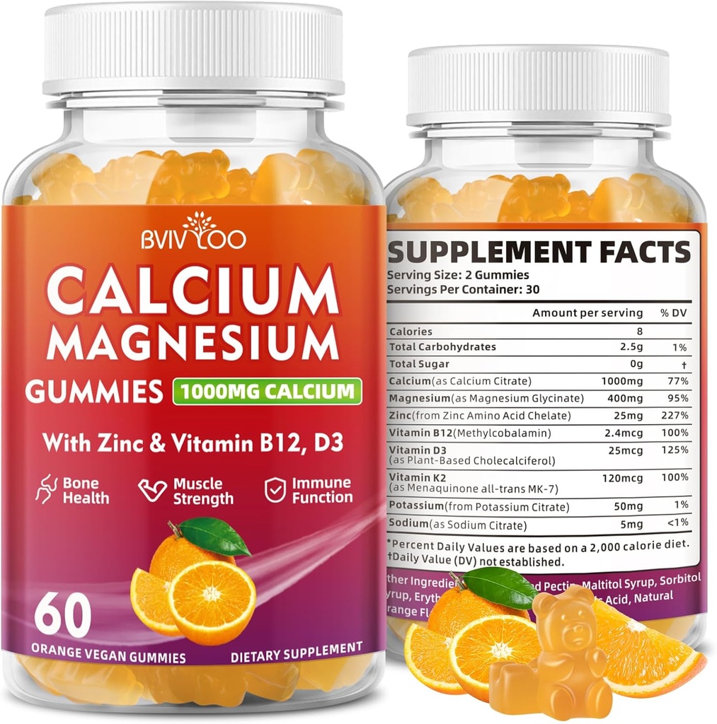 Calcio Gummies 1000mg con Complejo de Vitamina D3 K2 & B, Potasio, Magnesio de Calcio Gummies de zinc para Bone, Muscle, Mood e Inmunity - Orange Flavor 60 Gummies