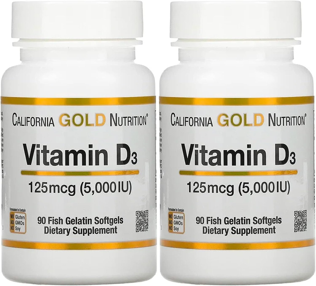 Suplemento de vitamina D3 por California Gold Nutrition - Soporte para huesos saludables " dientes - Immune System Support - Gluten Free, Non-GMO - 125 mcg (5,000 UI) - 2 Pack of 90 Fish Gelatin Softgels Cada uno