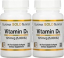 Suplemento de vitamina D3 por California Gold Nutrition - Soporte para huesos saludables " dientes - Immune System Support - Gluten Free, Non-GMO - 125 mcg (5,000 UI) - 2 Pack of 90 Fish Gelatin Softgels Cada uno
