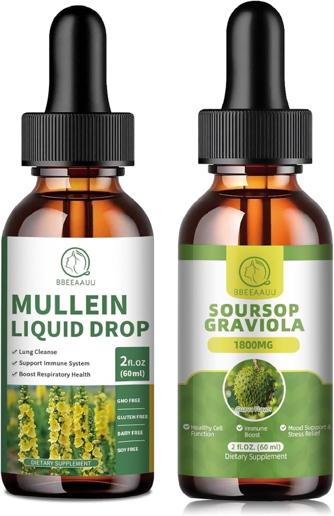 Mullein Drops for Lungs, Mullein Leaf Extract 1000MG for Lung Cleanse &amp; Soursop Graviola Liquid Drops 1800mg, Soursop Leaves Extract for Cell Regenera