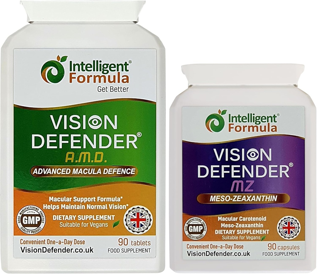 Vision Defender AMD y Vision Defender MZ Macula Health Bundle - AREDS2 Formula Boosted by Optimum High Strength Meso-Zeaxanthin Vegan Health Supplement (90 Days Supply)