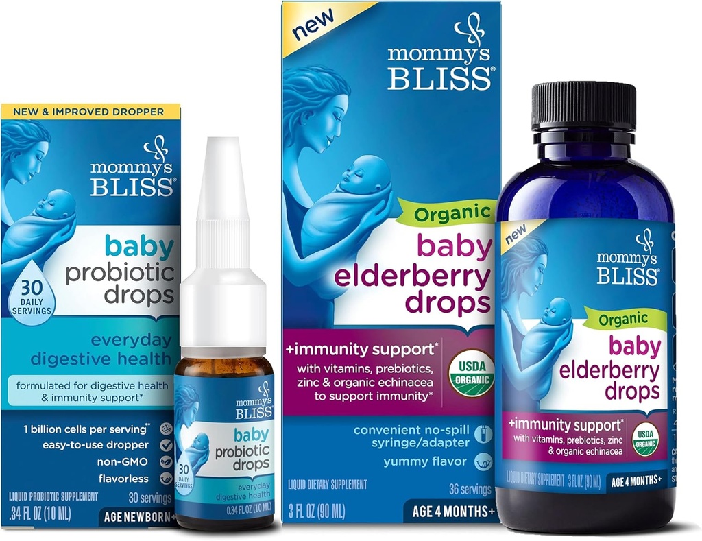 Mama's Bliss Baby Probiotic Drops Todos los días 30 Servings (Pack of 1) with Organic Baby Elderberry Drops 36 Servings (Pack of 1), Support Baby's Immunity