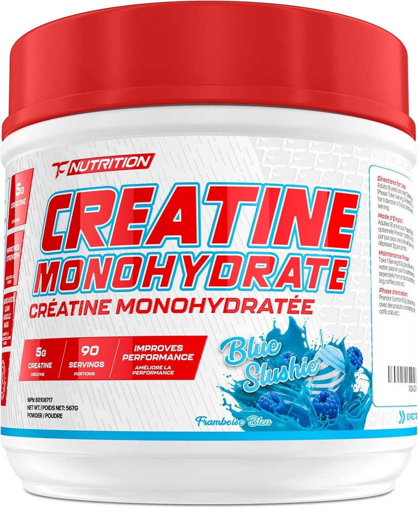 TC Nutrition Creatine Monohydrate Powder 5g - Pure Creatine Powder for increased Strength, Muscle Growth, Improved Endurance and Performance (90 Servings - Blue Slushie, 90 Servings - Blue Slushie)