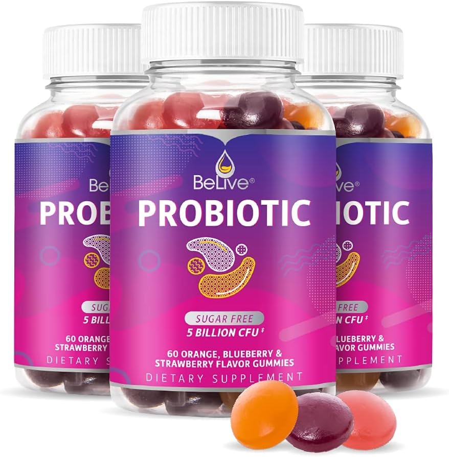 BeLive Probiotic Gummies - Probiotics with 5 Billion CFUs for Digestive Health, Men, Women &amp; Kids Probiotic Supplements for Immune Support, Sugar Free & Vegan – Blueberry, Strawberry & Orange ← 3-Pack