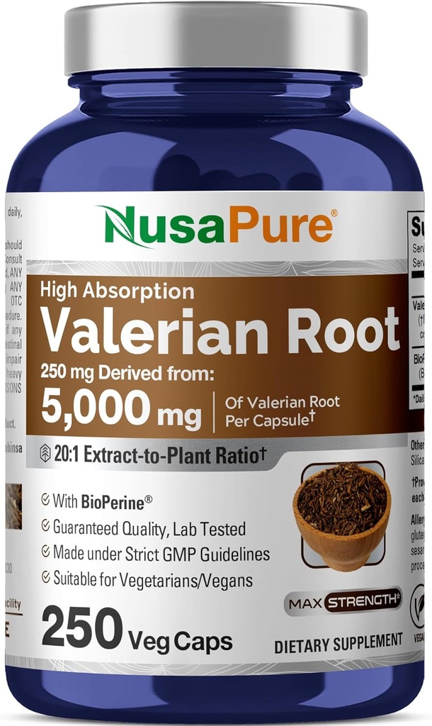 NusaPure Valerian Root 20:1 Extracto, 250 mg Equivalente a 5000mg Por Veggie Caps, 250 Conde, Vegan, No GMO, Bioperina