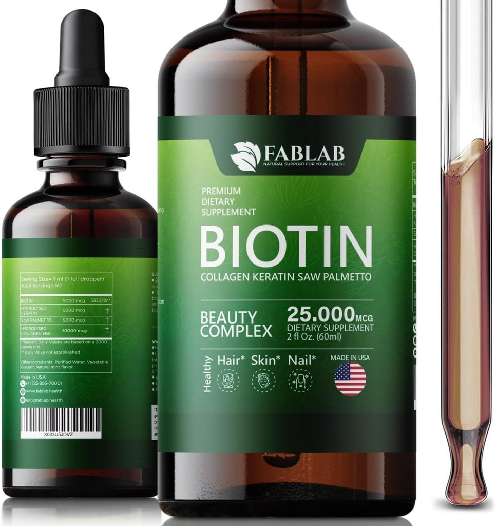 FabLab Biotina con Collagen, Keratin y Saw Palmett 25000msg Extracto - Esquí de pelo saludable " uñas para adultos, sin Filler, sin vitaminas de colágeno de envejecimiento antiestrateado para hombres " Mujer- 2 Fl Oz