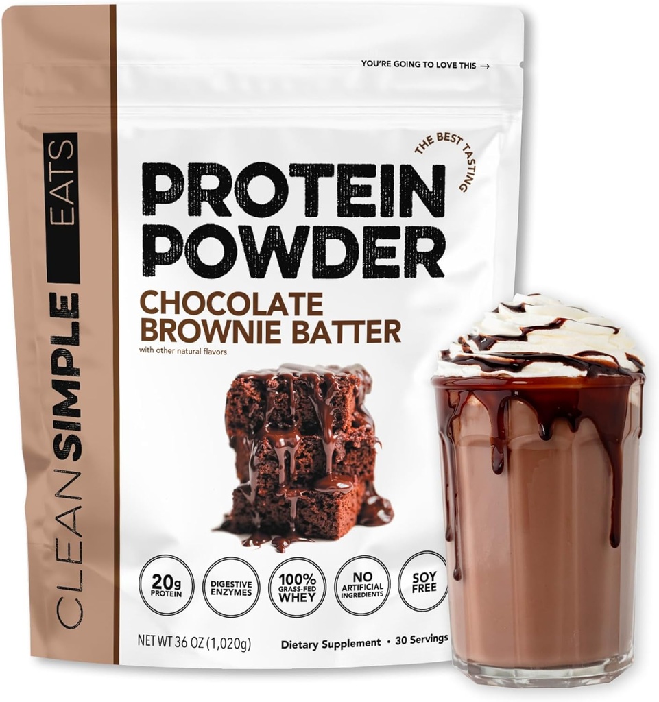 Comidas simples limpias Whey Protein Powder, Chocolate Brownie Batter Flavor Naturalmente Endulzado, 100% Grass Fed Protein Powder con Enzimas Digestivos & No Ingredientes Artificiales, Gluten Gratis, 30 Servimientos