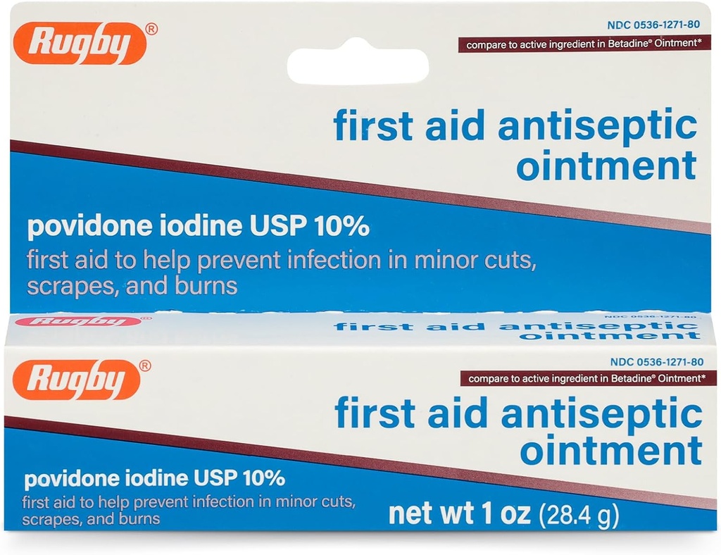 Rugby First Aid Antiseptic Ointment, Povidone Iodine USP 10% Solución tópica, ayuda a prevenir la infección en cortes menores, escrapes y quemaduras - 1 Oz.