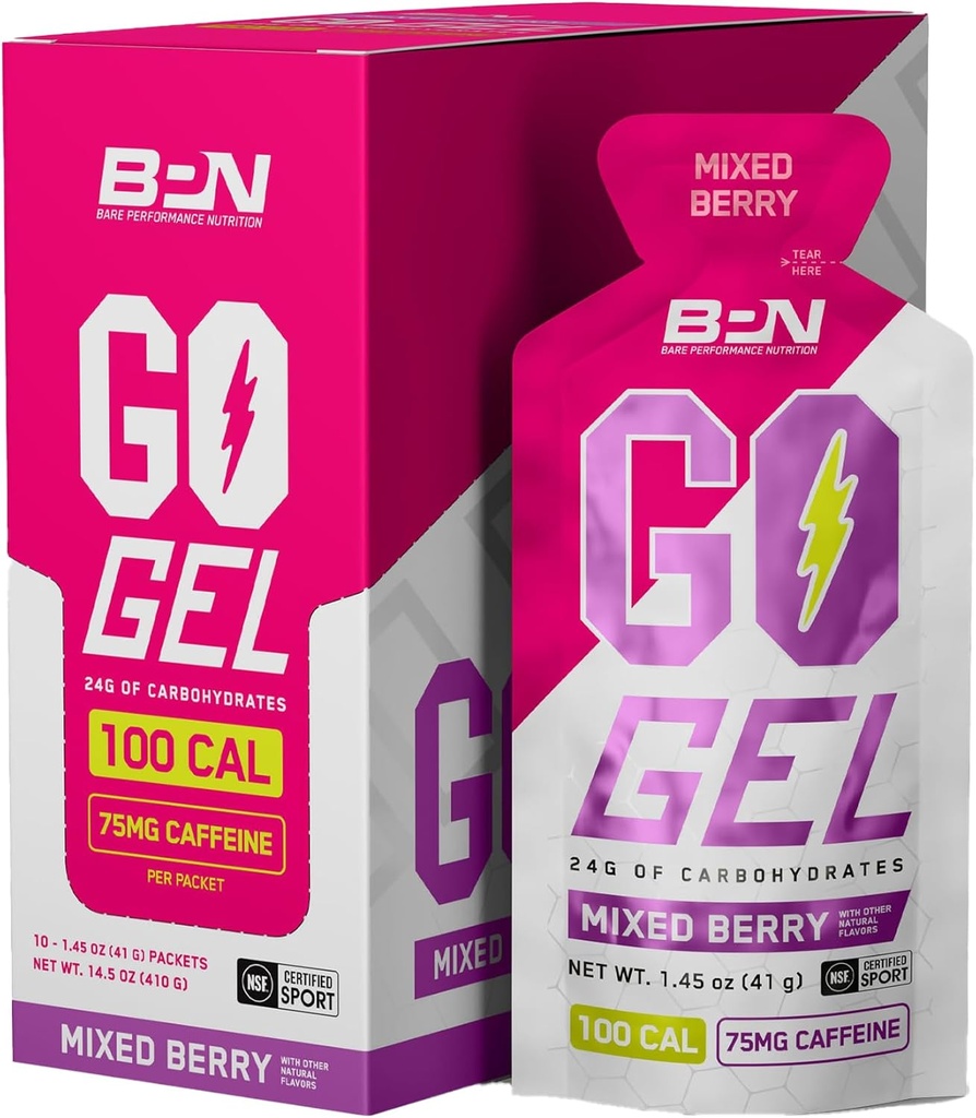 BARE PERFORMANCE NUTRITION, BPN Go Gel Endurance, 24g of Carbohydrates & 100 Calories per Pack, Vegan + Gluten Free Running Gel, 10 Single-Serving Packs, Caffeinated Mixed Berry