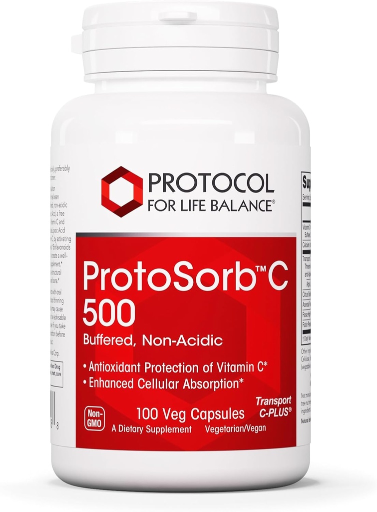 Protocolo Protosorb C 500 - Vitamina C Altamente Absorbable - para el sistema inmunológico &amp; Suplemento de salud ósea* - con ácido alfa-lípoico - Vitamina C Buffered, No Acidic C - 100 caps