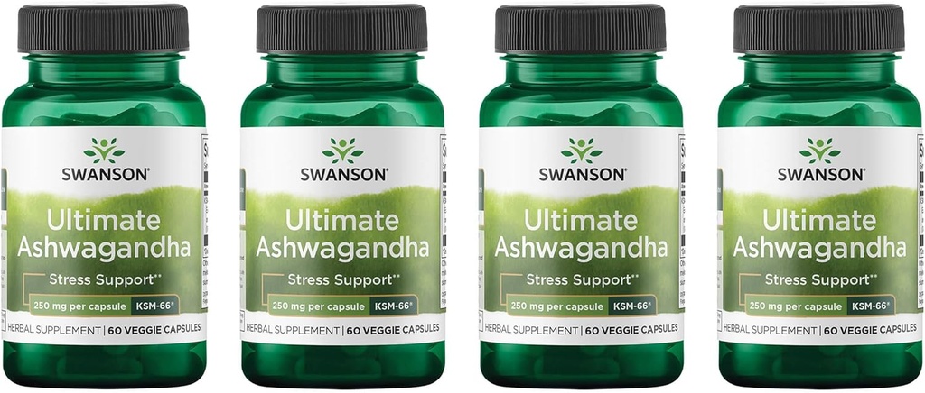 Swanson Ultimate Ashwagandha KSM-66 - Suplemento Herbal Apoyo a los niveles de estrés saludable " Relajación - Fórmula natural para promover una mentalidad calmada " - (60 cápsulas vegetarianas, 250 mg cada uno) (4 paquete)