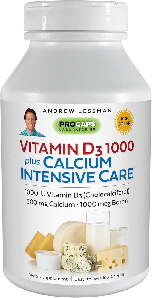 ANDREW LESSMAN Vitamin D3 1000 Plus Calcium Intensive Care 60 Capsules - Esencial para la Absorción de Calcio, soporta la salud ósea, función muscular saludable. Gentil, fácil de absorber. No hay aditivos