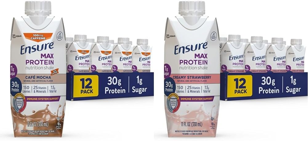 Asegurar Max Protein Liquid Nutritional Shake con 30g de Protein &amp; Max Protein Nutrition Shake con 30g de Protein, 1g de azúcar, High Protein Shake, Creamy Strawberry, 11 fl oz, (Pack of 12)