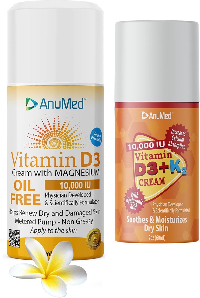 ANUMED Bundle Natural Cream with Vitamin (D3 10,000 IU Oil-Free) + (D3 con K2 10,000 IU Tamaño de viaje 2oz) Ingredientes potentes con ácido hialurónico, magnesio, vitamina E, zinc, vitamina B3.