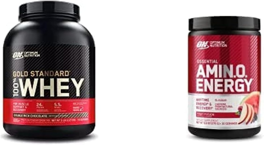 ON Gold Standard 100% Whey Protein Isolate de origen primario - Double Rich Chocolate 74 Serviciones + ON Amino Energy - BCAA, Aminoácidos, Keto Friendly, Green Coffee Extract- Fruit Fusion, 30 Servimientos