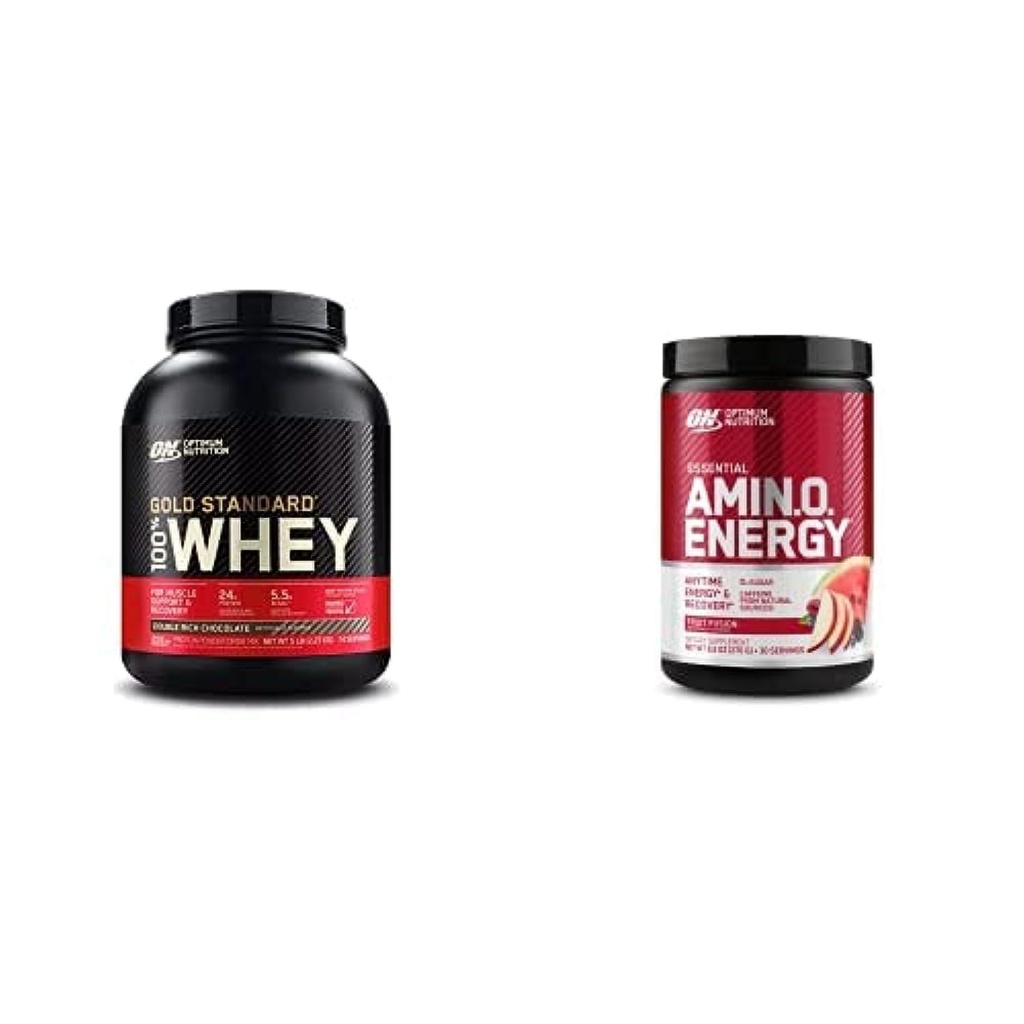 ON Gold Standard 100% Whey Protein Isolate de origen primario - Double Rich Chocolate 74 Serviciones + ON Amino Energy - BCAA, Aminoácidos, Keto Friendly, Green Coffee Extract- Fruit Fusion, 30 Servimientos