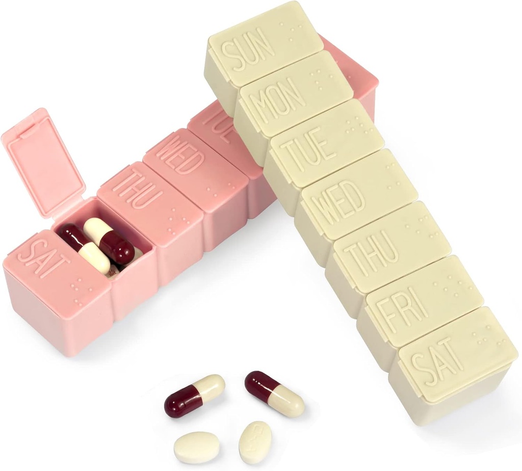 Pill Organizer-Pill Boxes for Travel, 7 Day with Braille Pill case Vitamins Fish Oil Supplements, Medication Organizer Dispenser for Fish Oils, Vitamin Holder Supplement (Pink+Beige)