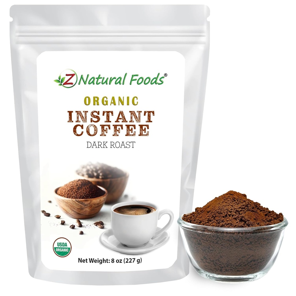Z Natural Foods Organic Instant Coffee Powder - Rich Dark Roast Flavor, Arabica Instant Espresso Polvo con antioxidantes para Boost Energy, Mood & Focus - Café Gourmet en bolsa resealable, 8 oz