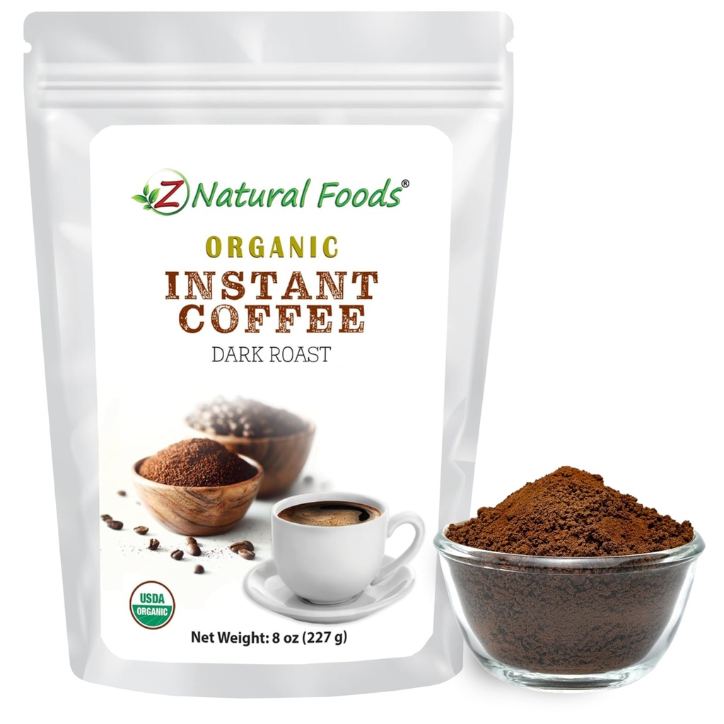 Z Natural Foods Organic Instant Coffee Powder - Rich Dark Roast Flavor, Arabica Instant Espresso Polvo con antioxidantes para Boost Energy, Mood & Focus - Café Gourmet en bolsa resealable, 8 oz