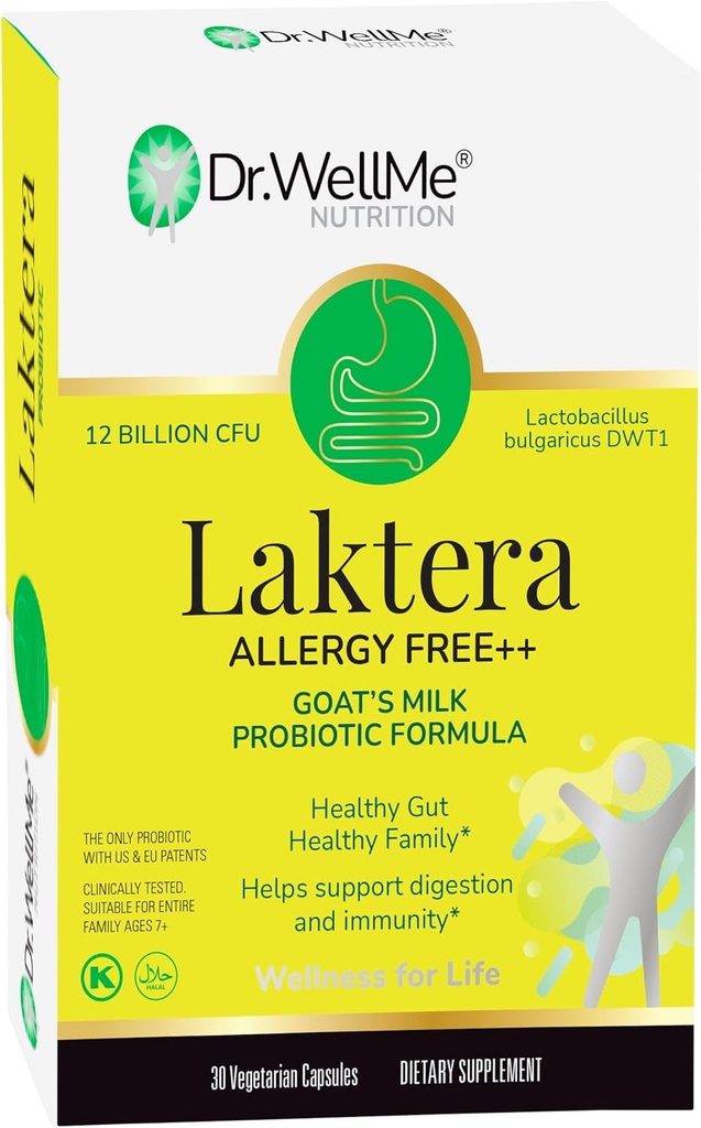 Dr. WellMe Laktera Probióticos Libres de Alergia – 30 cápsulas, Fórmula Probiótica de Leche de 12B CFU Goat, Suplementos de Salud de Immune &amp; Gut – Baja Lactosa, Libre de gluten para Adultos " 7+ Niños