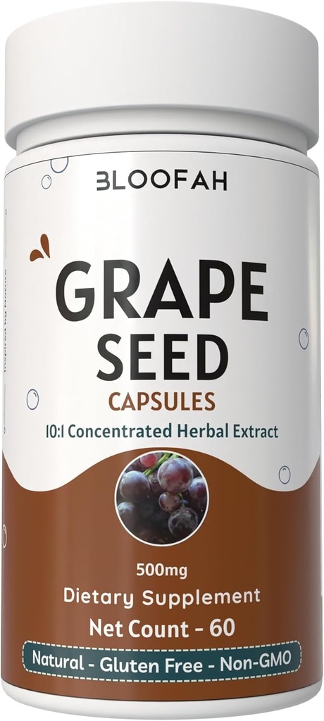 Grape Seed Capsules 500mg  10:1 Concentrated Extract ← Natural Herbal Supplement ← No Gluten-Free ← Grape Seed Powder for Daily Wellness (60 Count (Pack of 1))
