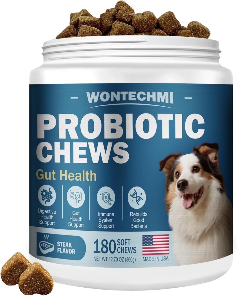Probióticos para perros, Mejorar las picaduras de picazón de la piel, Gut Health, Yeast Balance, Alergías, Inmunity, Dog Probiotics and Digestive Enzymes with Prebiotics, Reduce la diarrea (180 Chews, Steak)