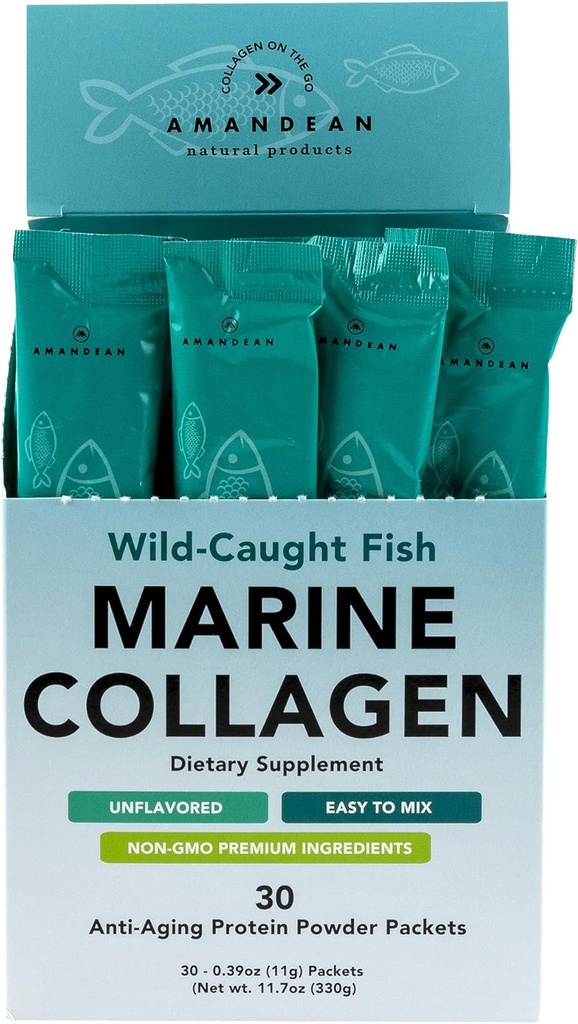 AMANDEAN Marine Collagen Peptides Powder Stick Packs. Pescado salvaje. 30 Empaquetaduras individuales de uso individual. Pelo, Esquín & uñas. Non-GMO, Zero Carbs, Unflavored, High Bioavailability.