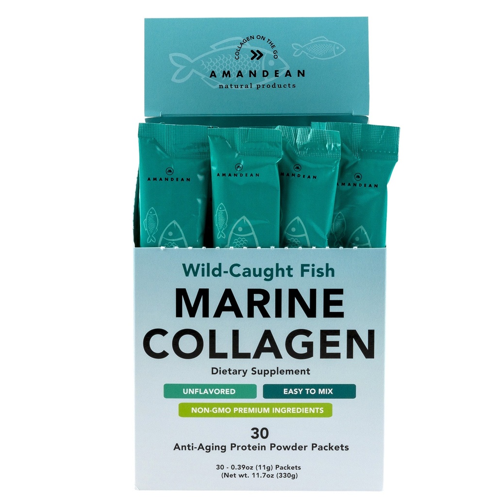 AMANDEAN Marine Collagen Peptides Powder Stick Packs. Pescado salvaje. 30 Empaquetaduras individuales de uso individual. Pelo, Esquín & uñas. Non-GMO, Zero Carbs, Unflavored, High Bioavailability.