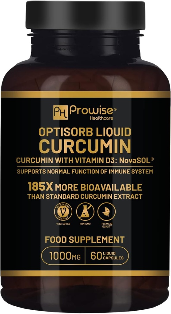 Optisorb Curcumina líquida con vitamina D - 60 Liqcaps TEN 185x Turmeric " Curcumin Bioavailability - Ultra Bioavailable ANTE Líquido cápsulas con 1000mg NovaSOL Daily Dosificación - Reino Unido Fabricado