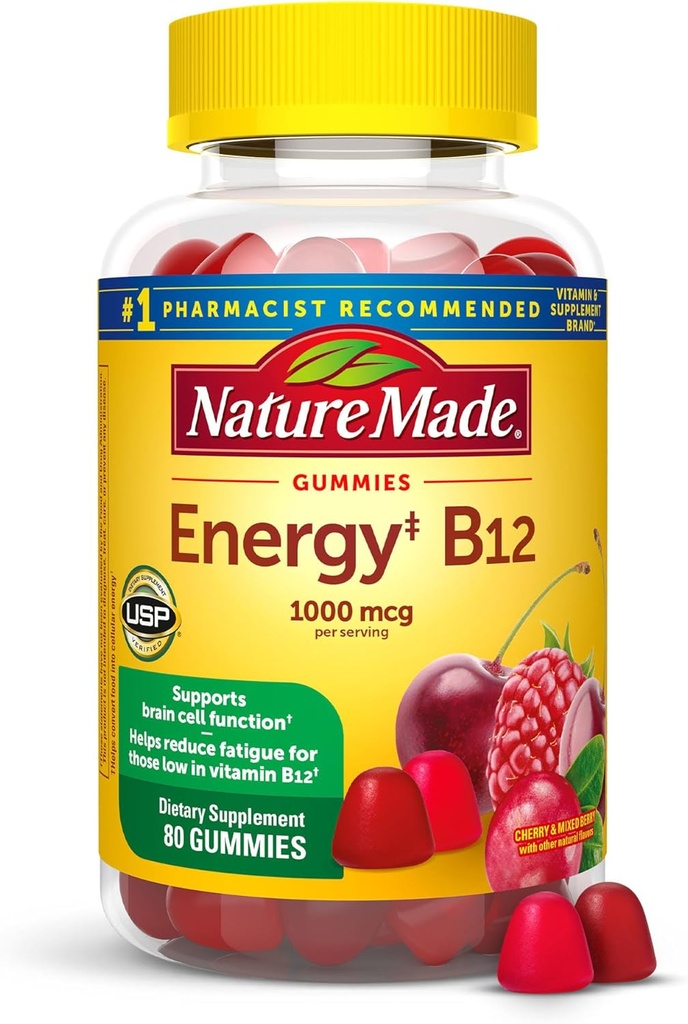 Nature Made Energy B12 1000 mcg, Dietary Supplement for Energy Metabolism Support, 80 Gummies, 40 Day Supply El embalaje puede variar