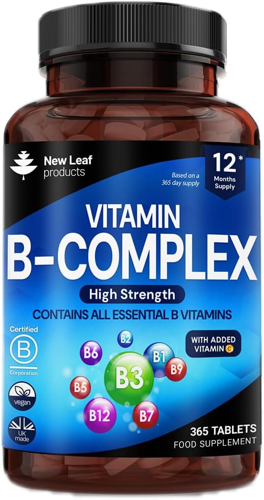 Complejo de vitamina B - 365 pequeñas tabletas (un año de suministro) Alta resistencia Todas las 8 B Vitaminas B1-B2-B3-B5-B6-B12, Biotina, ácido fólico y vitamina C - Reducción de la tensión, energía &amp; apoyo inmunológico - UK Made
