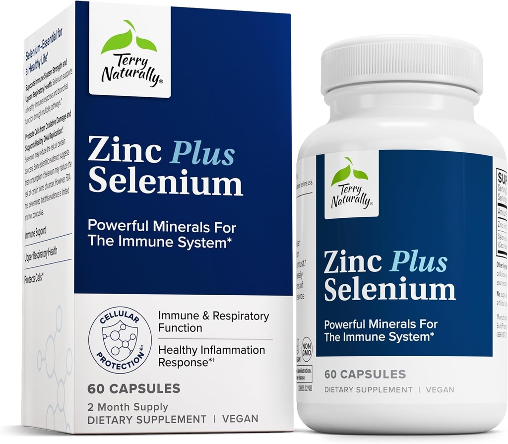 Terry Naturalmente Zinc Plus Selenium - Suplemento de Salud Inmune y Respiratorio - Suplemento Mineral con Chelate Zinc Bisglycinate - Fórmula con Selenio para Soporte de Salud Celular - 60 cápsulas