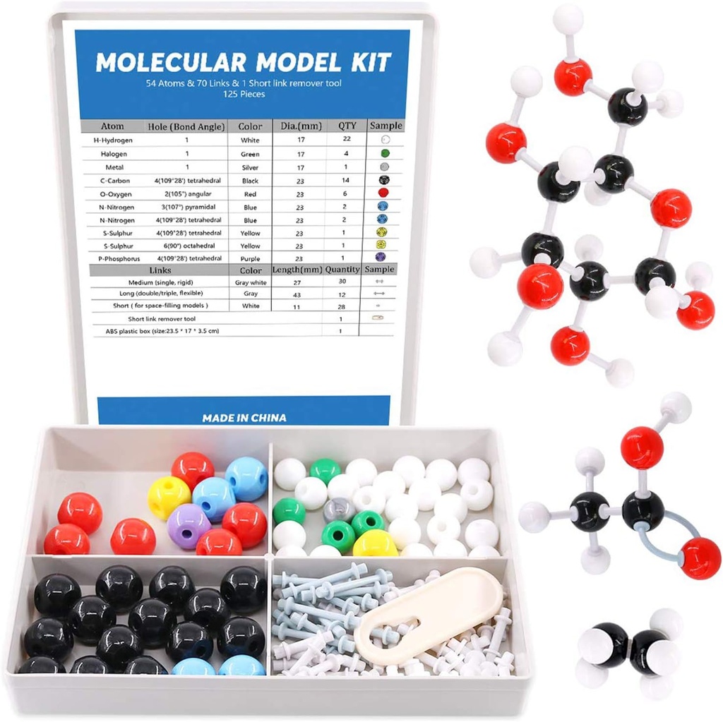Swpeet 125 Pcs Molecular Model Kit for Inorgic & Organic Molecular Model Teacher and 16 Years and Over Student Kit - 54 Atoms &amp; 70 Links &amp; 1 Short Link Remover Tool - Science Toys