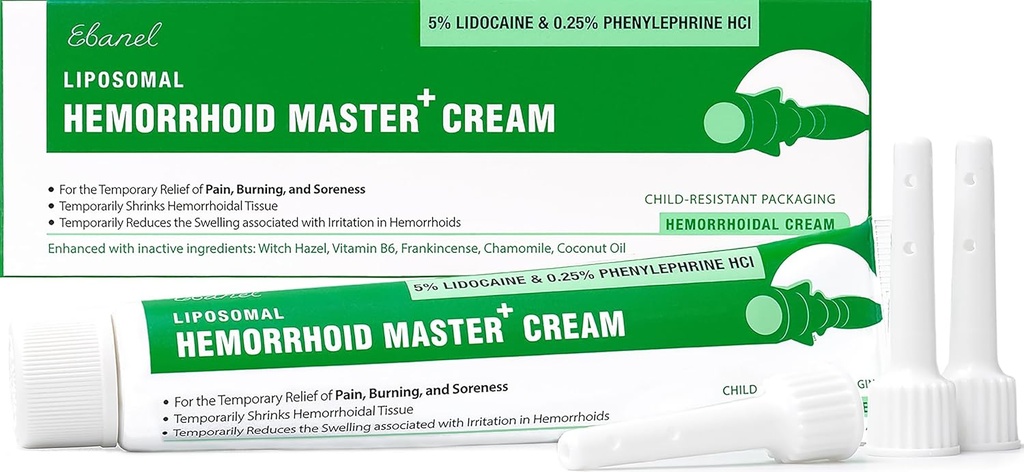 Ebanel 5% Lidocaine Hemorrhoid Treatment Cream with Witch Hazel, Phenylephrine, Horse Chestnut, Vitamina B6, Zinc Oxide, Hemorroides externas e internas Tratamiento Burn Itch Pain Relief Anal Cream