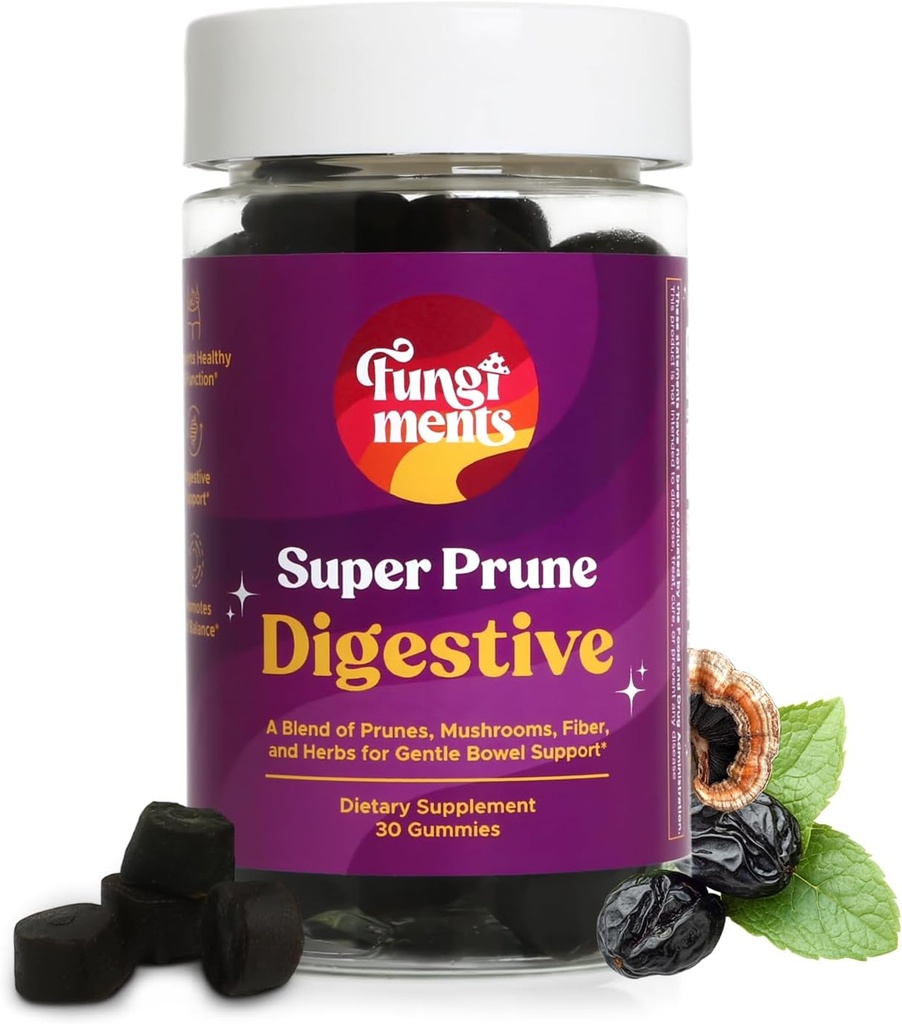 Fungiments Super Prune - Suplemento de la habitación - Turquía Tail Mushrooms, Fiber, Rhubarb, Prunes, Ginger, Chamomile - Debloating, Constipation Relief (30 Mushroom Gummies)