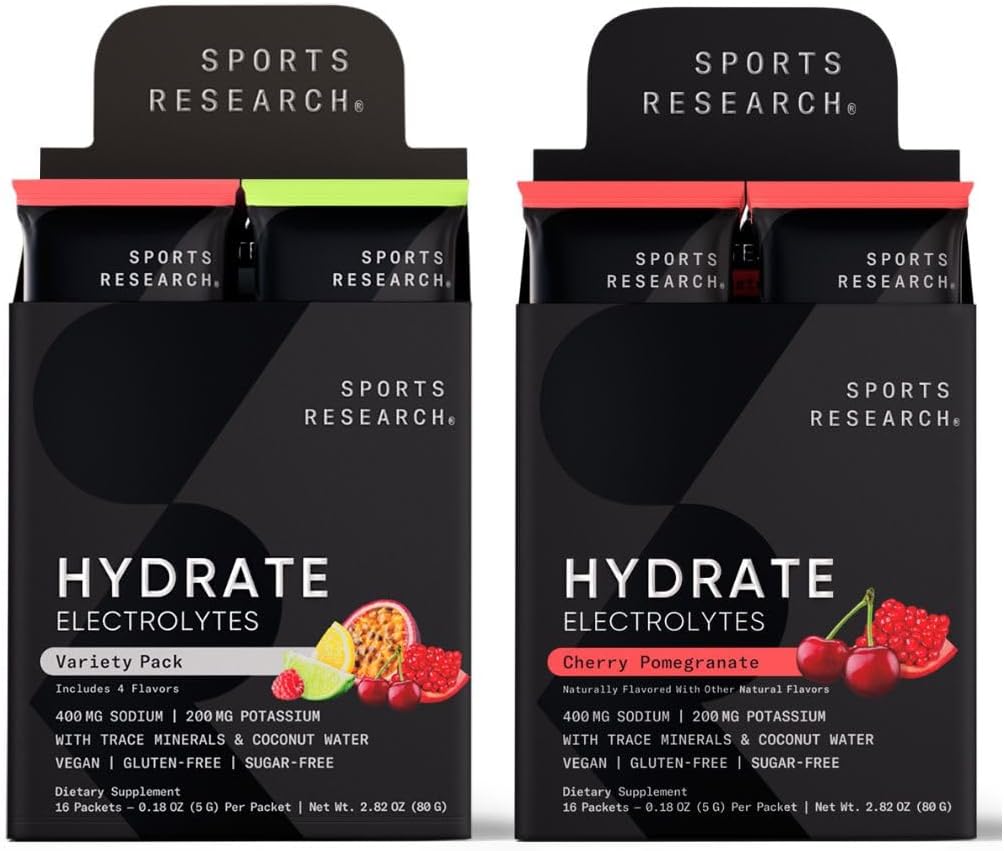 Sports Research Hydrate Electrolytes Combo Pack - Sin azúcar &amp; naturalmente saboreado con vitaminas, minerales y agua de coco - Soporta hidratación - 32 Packets - Cherry Pomegranate Dominant Flavor